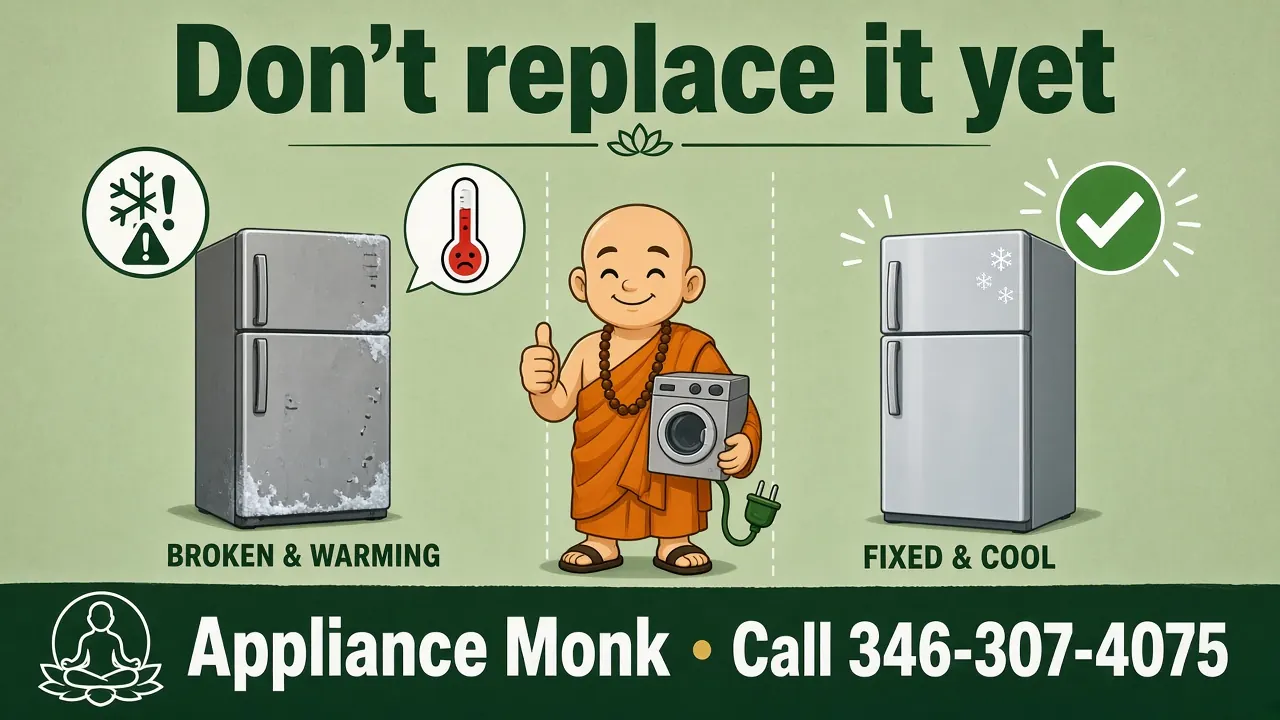 Illustration: Appliance Monk turning a frosted, warm refrigerator into a fixed, cold one. Call 346-307-4075.